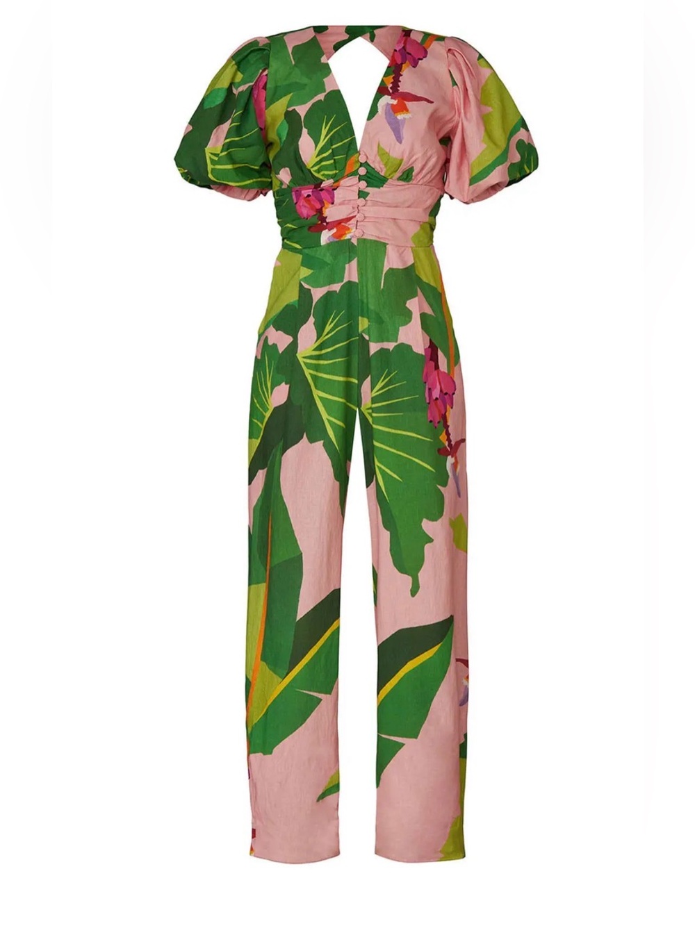 FARM Rio Tropicalistic Anthropologie puff sleeve open back linen jumpsuit M